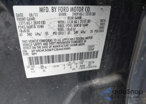 2012 Ford Edge Se из США, поврежденный, VIN 2FMDK3G97CBA03980